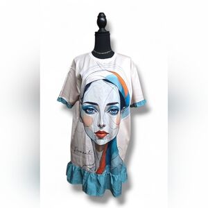 Roommates Artistic Face Print Dress - Blue and Orange Accents